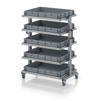 Chariot porte-bacs Euro 80x60 – Hauteur 134,6 cm – avec 5 bacs euros et 5 tablettes Chariot porte-bacs Euro 80x60 – Hauteur 134,6 cm – avec 5 bacs euros et 5 tablettes