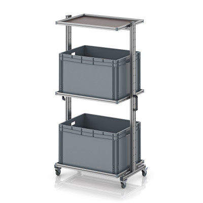 Chariot porte-bacs Euro 80x60 – Hauteur 201,1 cm – avec 2 bacs euros et 3 tablettes