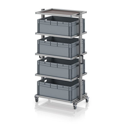 Chariot porte-bacs Euro 80x60 – Hauteur 201,1 cm – avec 4 bacs euros et 5 tablettes
