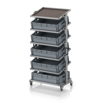 Chariot porte-bacs Euro 80x60 – Hauteur 201,1 cm – avec 5 bacs euros et 6 tablettes inclinées