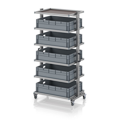 Chariot porte-bacs Euro 80x60 – Hauteur 201,1 cm – avec 5 bacs euros et 6 tablettes