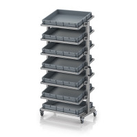 Chariot porte-bacs Euro 80x60 – Hauteur 201,1 cm – avec 7 bacs euros et 7 tablettes inclinées Chariot porte-bacs Euro 80x60 – Hauteur 201,1 cm – avec 7 bacs euros et 7 tablettes inclinées