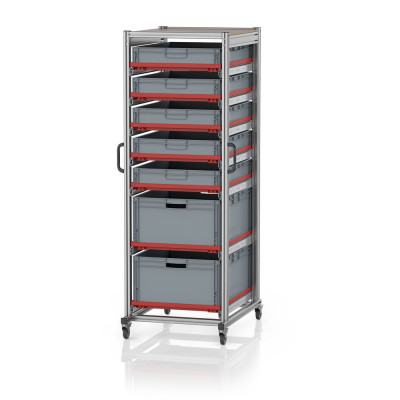 Chariot porte-bacs Euro  – Hauteur 200 cm – 7  rails, 5  bacs euro + 2  bacs euro
