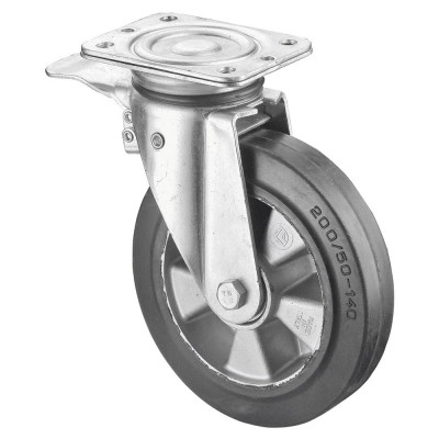 Roulette Pivotante à frein Charge Lourde Caoutchouc élastique noir - Ø200mm - 450kg