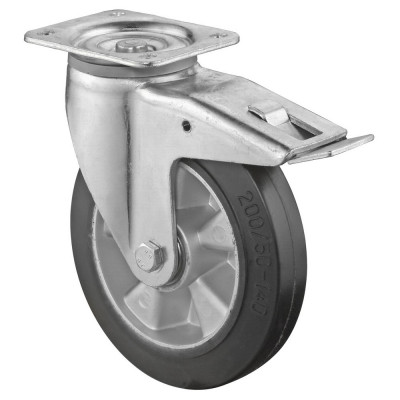 Roulette Pivotante à frein Charge Lourde Caoutchouc élastique noir - Ø200mm - 450kg