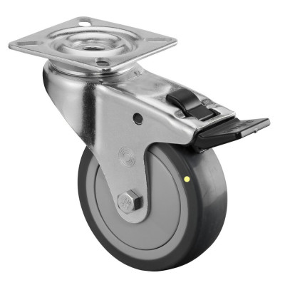 Roulette Appareil Bloc. Dir. Caoutchouc Gris Conduct. Ø75mm 60kg Platine