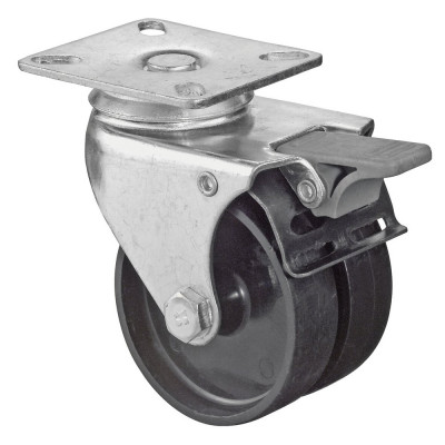 Roulette Appareil Bloc. Dir. Plastique noir Ø75mm 100kg Platine