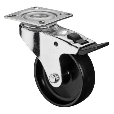 Roulette Appareil Bloc. Dir. Plastique noir Ø75mm 50kg Platine