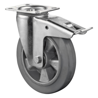 Roulette Manutention Avec blocage total Caoutchouc élastique gris - Ø125mm 150kg - Platine