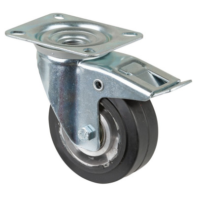 Roulette Manutention Avec blocage total Caoutchouc élastique noir - Ø100mm 150kg - Platine