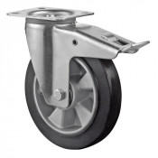 Roulette Manutention Avec blocage total Caoutchouc élastique noir - Ø125mm 200kg - Platine