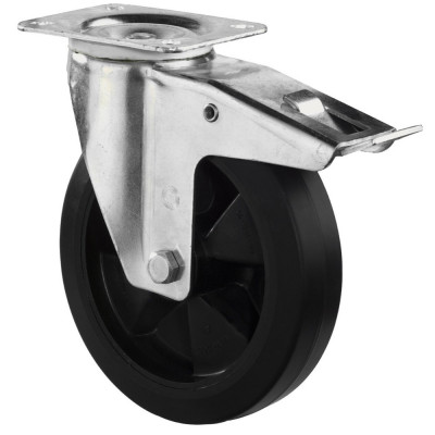 Roulette Manutention Avec blocage total Caoutchouc élastique noir - Ø200mm 300kg - Platine