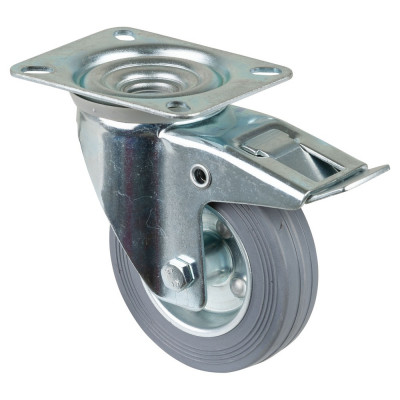 Roulette Manutention Avec blocage total Caoutchouc gris - Ø100mm 70kg - Fix. Platine