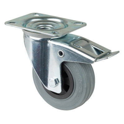 Roulette Manutention Avec blocage total Caoutchouc gris - Ø100mm 70kg - Fix. Platine