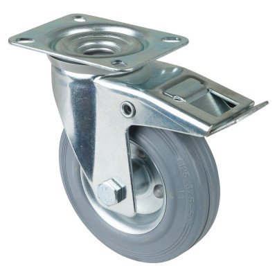 Roulette Manutention Avec blocage total Caoutchouc gris - Ø125mm 100kg - Fix. Platine