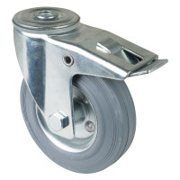 Roulette Manutention Avec blocage total Caoutchouc gris - Ø125mm 100kg - Fix. Trou central Roulette Manutention Avec blocage total Caoutchouc gris - Ø125mm 100kg - Fix. Trou central
