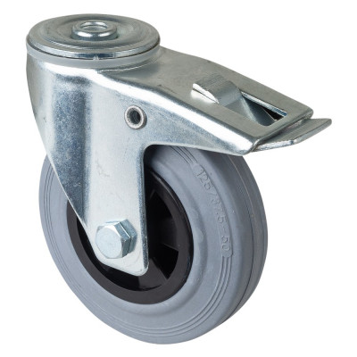 Roulette Manutention Avec blocage total Caoutchouc gris - Ø125mm 100kg - Fix. Trou central