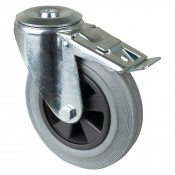 Roulette Manutention Avec blocage total Caoutchouc gris - Ø160mm 150kg - Fix. Trou central