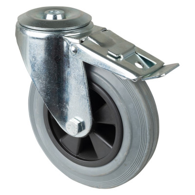 Roulette Manutention Avec blocage total Caoutchouc gris - Ø160mm 150kg - Fix. Trou central
