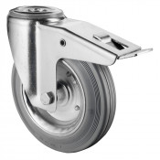Roulette Manutention Avec blocage total Caoutchouc gris - Ø160mm 160kg - Fix. Trou central