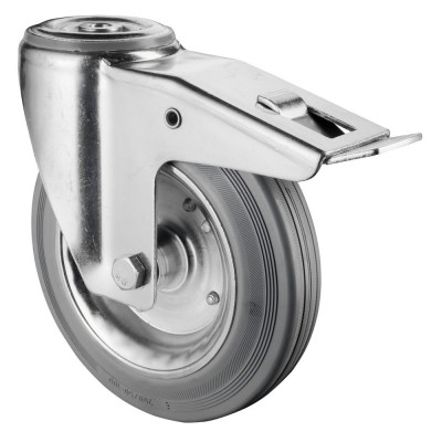 Roulette Manutention Avec blocage total Caoutchouc gris - Ø160mm 160kg - Fix. Trou central