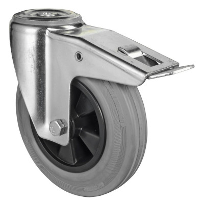 Roulette Manutention Avec blocage total Caoutchouc gris - Ø200mm 200kg - Fix. Trou central