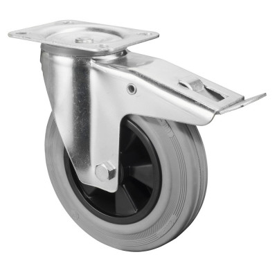 Roulette Manutention Avec blocage total Caoutchouc gris - Ø200mm 205kg - Fix. Platine