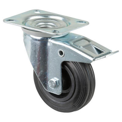 Roulette Manutention Avec blocage total Caoutchouc noir - Ø100mm 70kg - Fix. Platine