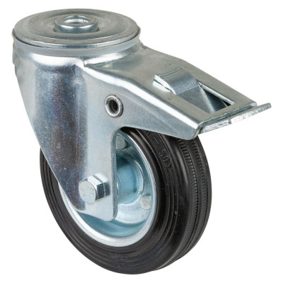 Roulette Manutention Avec blocage total Caoutchouc noir - Ø100mm 70kg - Fix. Trou central