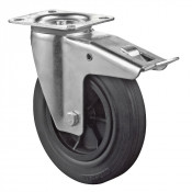 Roulette Manutention Avec blocage total Caoutchouc noir - Ø125mm 100kg - Fix. Platine