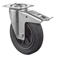 Roulette Manutention Avec blocage total Caoutchouc noir - Ø125mm 100kg - Fix. Platine