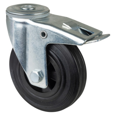 Roulette Manutention Avec blocage total Caoutchouc noir - Ø125mm 100kg - Fix. Trou central