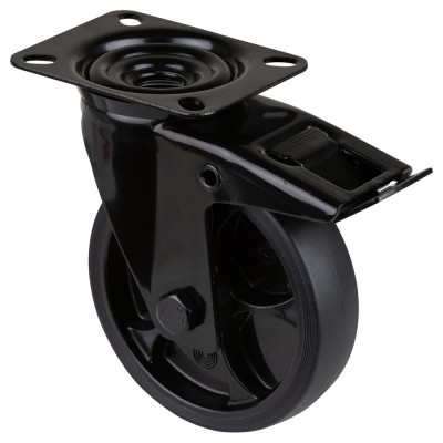 Roulette Manutention Avec blocage total Caoutchouc noir - Ø125mm 120kg - Fix. Platine
