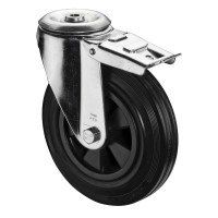 Roulette Manutention Avec blocage total Caoutchouc noir - Ø160mm 150kg - Fix. Trou central