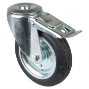 Roulette Manutention Avec blocage total Caoutchouc noir - Ø160mm 160kg - Fix. Trou central