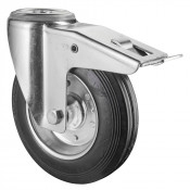 Roulette Manutention Avec blocage total Caoutchouc noir - Ø200mm 200kg - Fix. Trou central