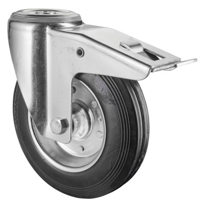 Roulette Manutention Avec blocage total Caoutchouc noir - Ø200mm 200kg - Fix. Trou central