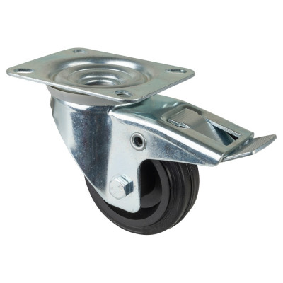 Roulette Manutention Avec blocage total Caoutchouc noir - Ø80mm 50kg - Fix. Platine