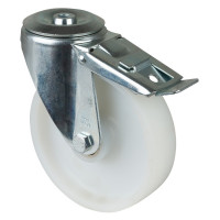 Roulette Manutention Avec blocage total Plastique - Ø150mm 220kg - Fix. Trou central Roulette Manutention Avec blocage total Plastique - Ø150mm 220kg - Fix. Trou central