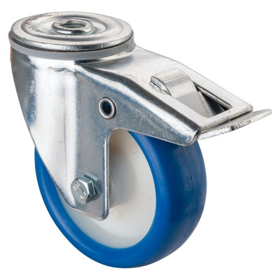 Roulette Manutention Avec blocage total Polyuréthane bleu - Ø100mm 110kg - Trou central