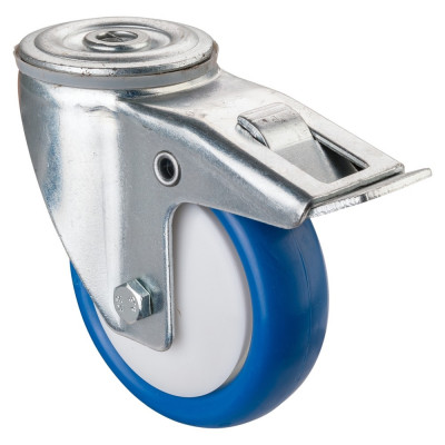 Roulette Manutention Avec blocage total Polyuréthane bleu - Ø100mm 125kg - Trou central