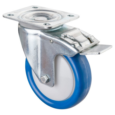 Roulette Manutention Avec blocage total Polyuréthane bleu - Ø125mm 200kg - Fix. Platine