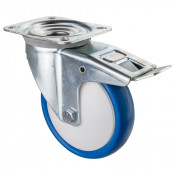 Roulette Manutention Avec blocage total Polyuréthane bleu - Ø160mm 250kg - Fix. Platine