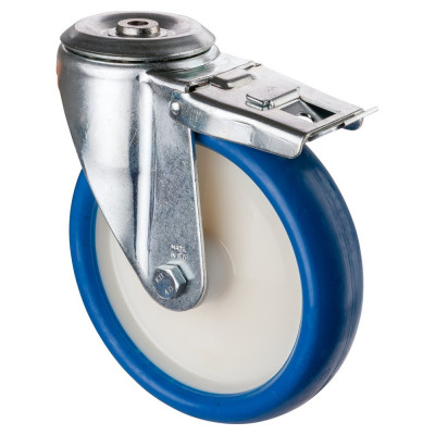 Roulette Manutention Avec blocage total Polyuréthane bleu - Ø200mm 250kg - Trou central