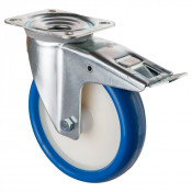 Roulette Manutention Avec blocage total Polyuréthane bleu - Ø200mm 300kg - Fix. Platine