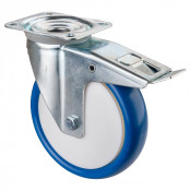 Roulette Manutention Avec blocage total Polyuréthane bleu - Ø200mm 300kg - Fix. Platine