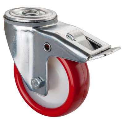 Roulette Manutention Avec blocage total Polyuréthane rouge - Ø100mm 125kg - Trou central