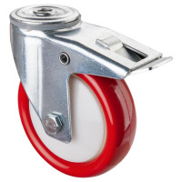 Roulette Manutention Avec blocage total Polyuréthane rouge - Ø125mm 150kg - Trou central Roulette Manutention Avec blocage total Polyuréthane rouge - Ø125mm 150kg - Trou central