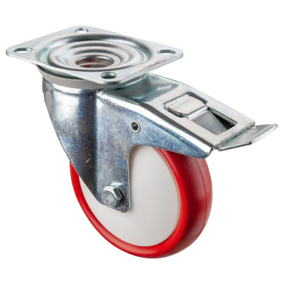 Roulette Manutention Avec blocage total Polyuréthane rouge - Ø150mm 250kg - Fix. Platine