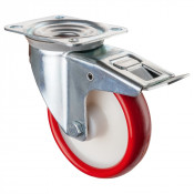 Roulette Manutention Avec blocage total Polyuréthane rouge - Ø160mm 300kg - Fix. Platine